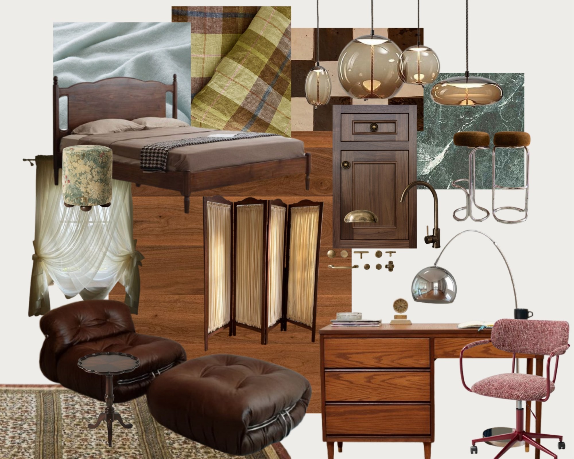Interior Concept Boards: Bedroom & Living Board. Walnut bed, plaid linen, glass pendants, green marble, leather lounge chair, brass hardware.