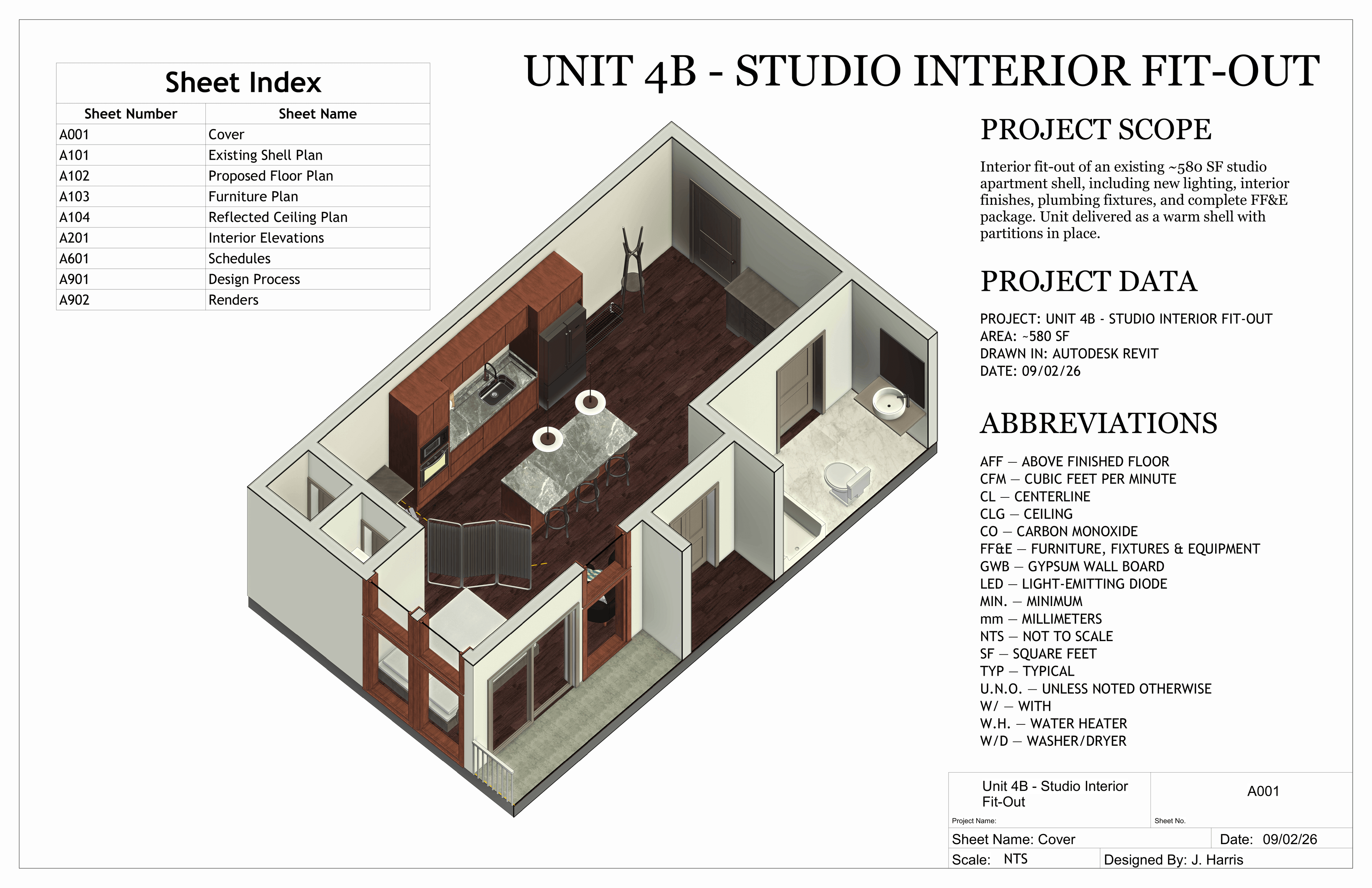 Unit 4B Studio Interior Fit-Out: A001 - Cover. Sheet index, project scope, abbreviations, and axonometric of the fitted-out unit.