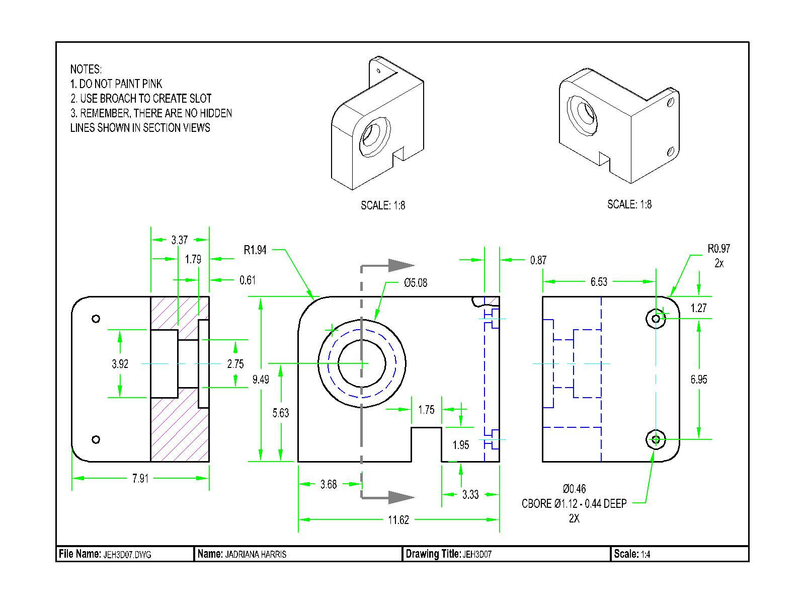 Mounting Bracket Drawing - Created a fully dimensioned multi-view technical drawing from a 3D model, including section views, hidden lines, and manufacturing callouts. This project demonstrates proficiency in producing clear, production-ready documentation
