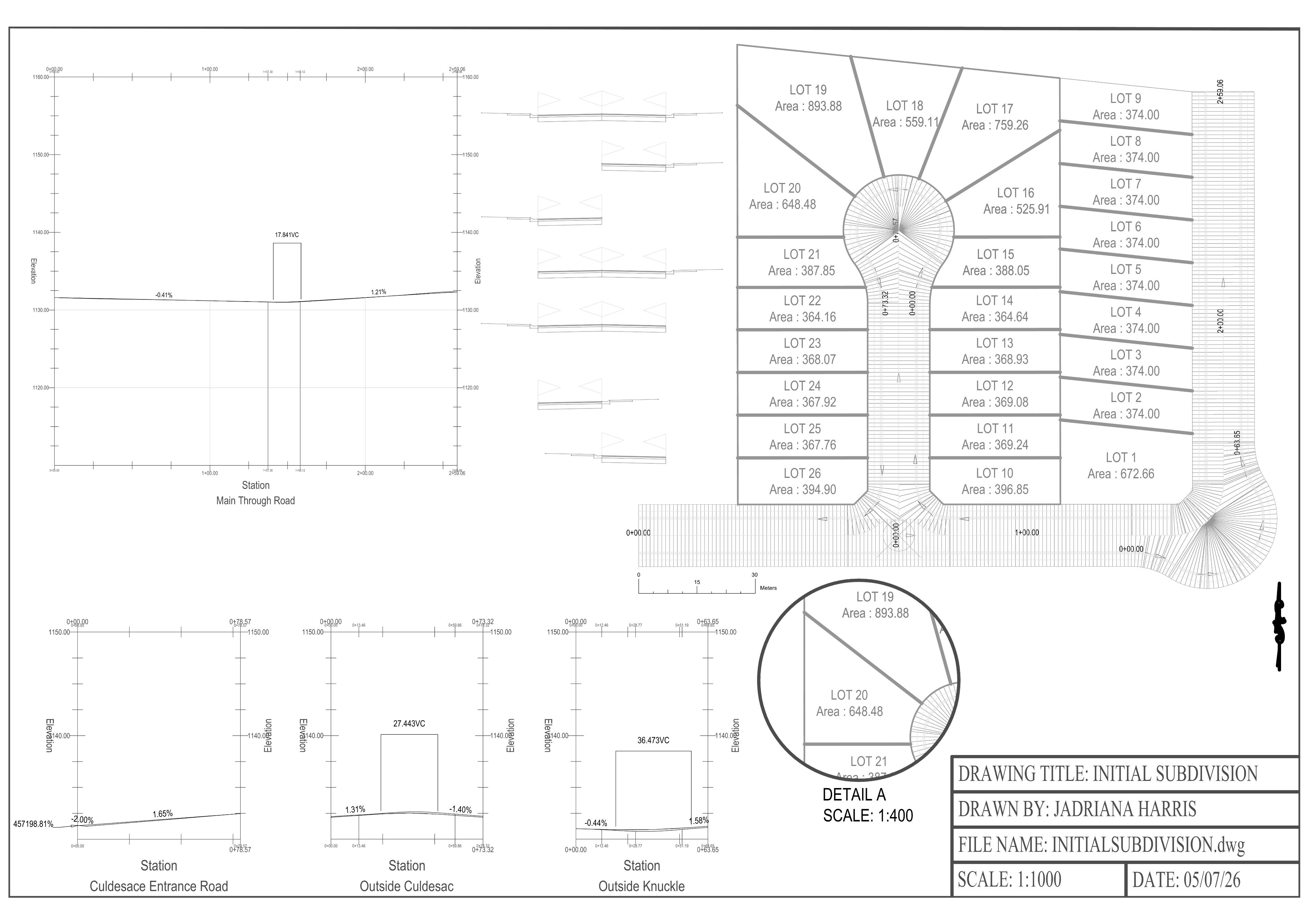 Initial Subdivision Plan — multi-view sheet with lot layout, road profiles, and detail view.