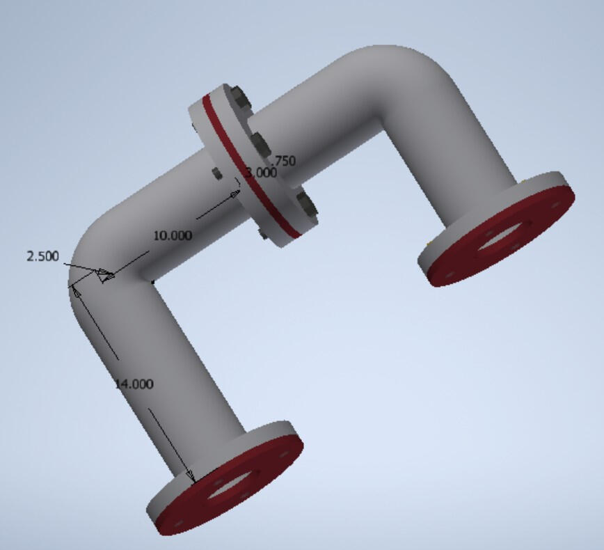 Flanged Pipe Assembly — dimensioned model with bolted connections (and: exploded view).
