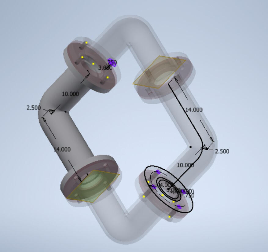 X-Ray Visualization - Full piping loop with transparency applied to reveal internal geometry, wall thickness, and flange dimensions across all connections.