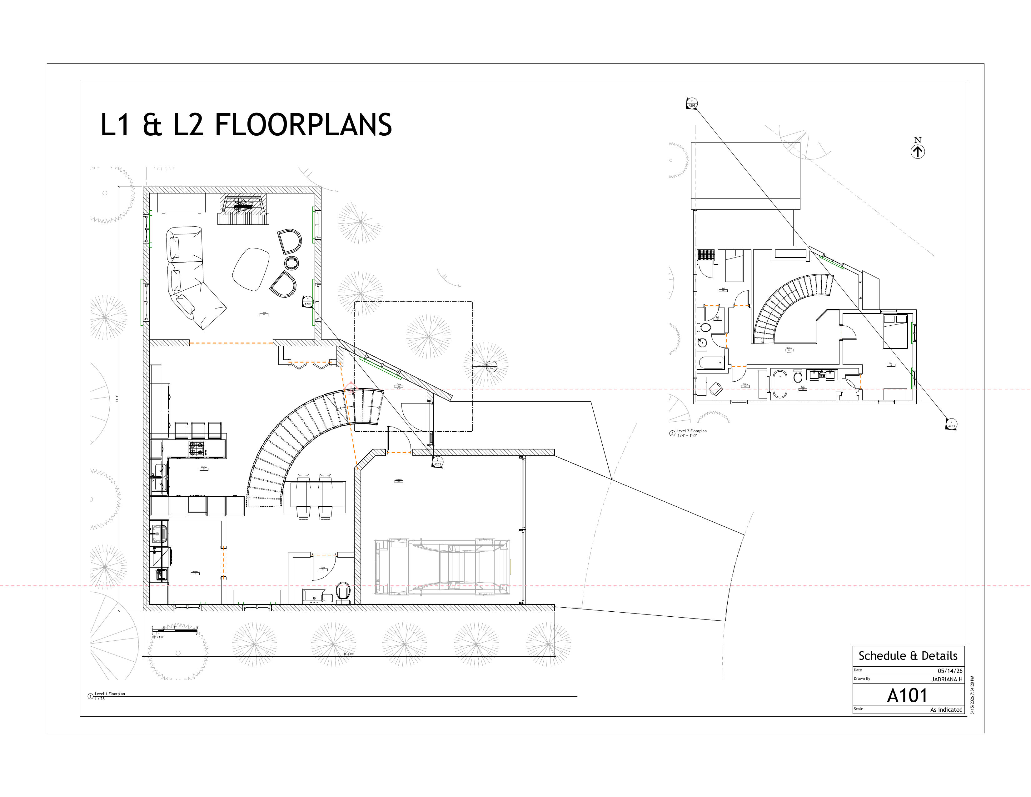 Two-Level Floor Plan — custom curved staircase and integrated site context.