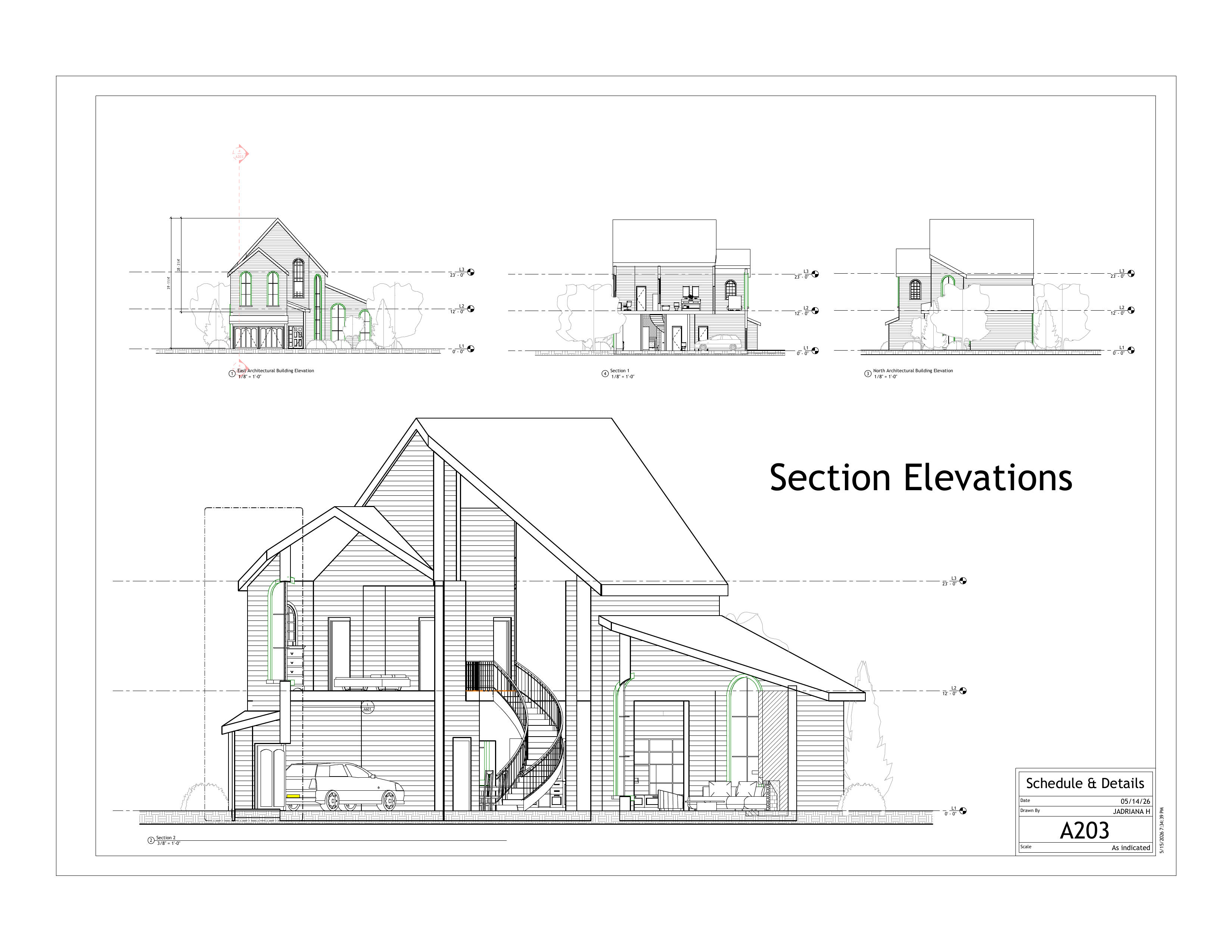 Section Elevations — interior volume, structure, and glazing.